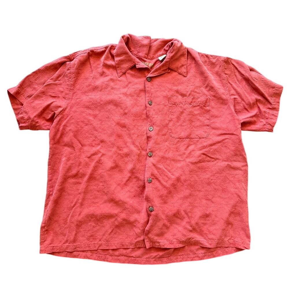 Orvis Muted Orange Red Silk Fish Print Short Sleeve Button Down Shirt